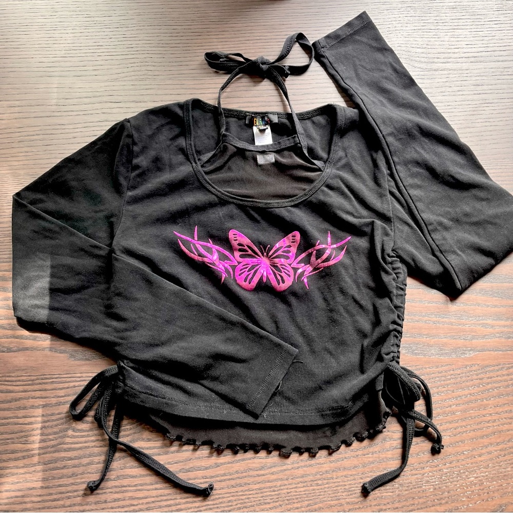 DELIAS - Black Cropped Long sleeve top with Pink butterfly Print
